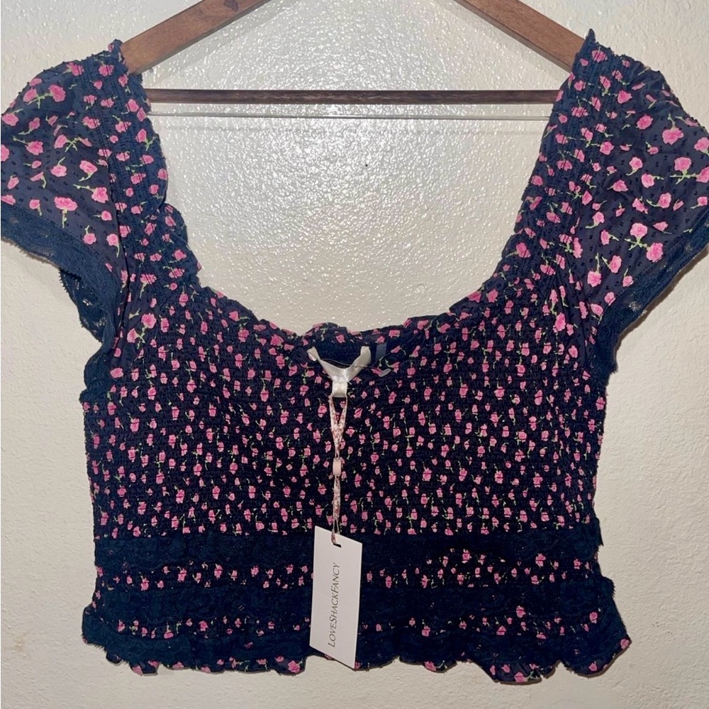 LoveShackFancy Navy Smocked Floral Crop Top with Pink Floral Print Size XL